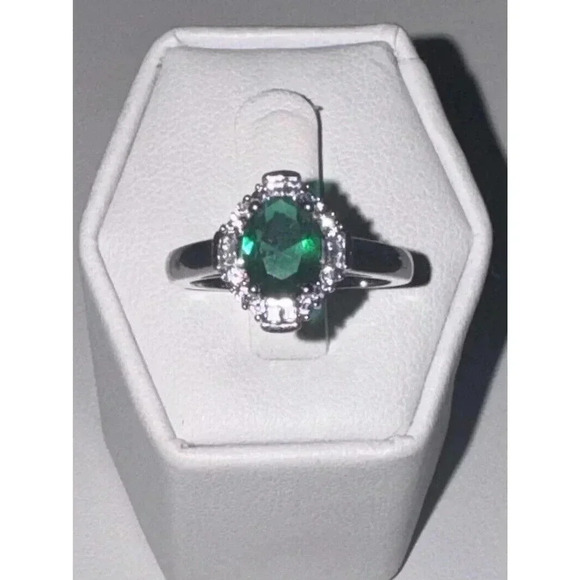 P Star M Sterling Silver 925 White Topaz & Emerald Green Stone Ring Size 6.75 - Picture 2 of 10